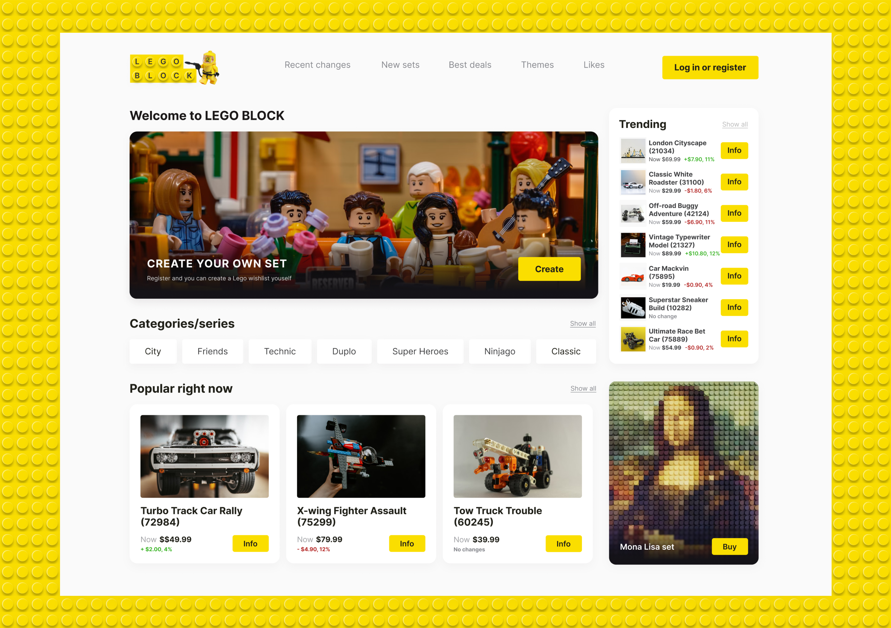 LEGO Block home page on a yellow LEGO baseplate